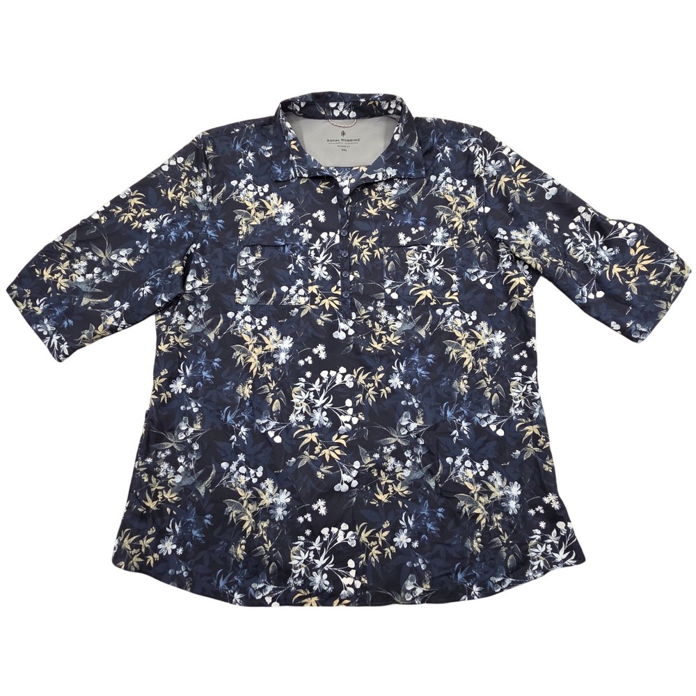 Royal Robbins Expedition II 3/4 Roll-Tab Sleeve Floral Print Top Blue Womens 3XL